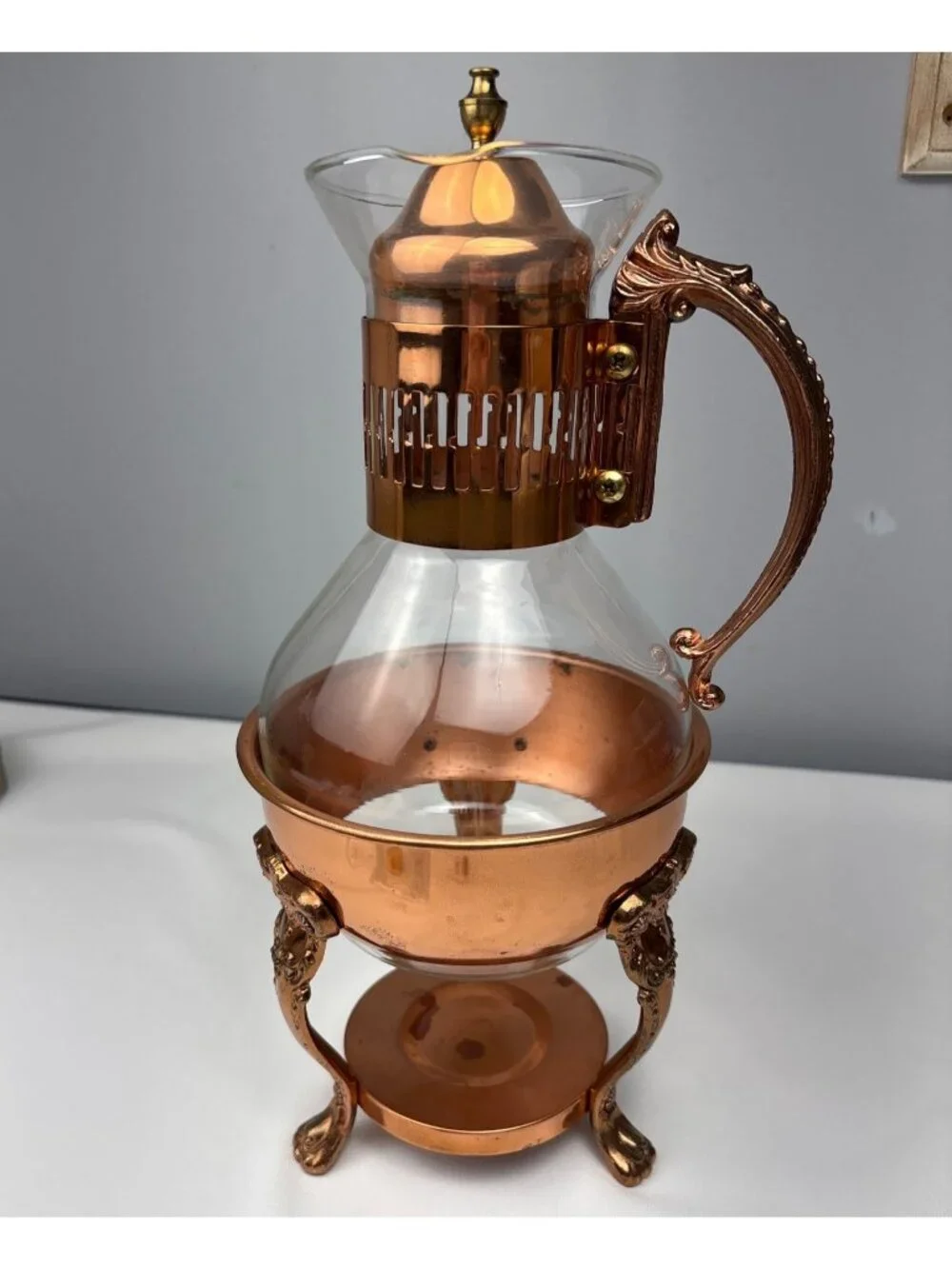 Princess House Copper Brass Coffee/Tea Carafe Lid Ornate Stand Vintage